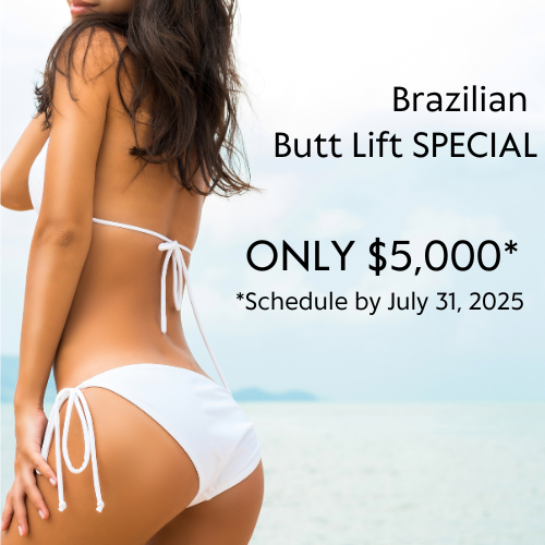 Woman in white bikini showing off her Brazilian Butt Lift surgery